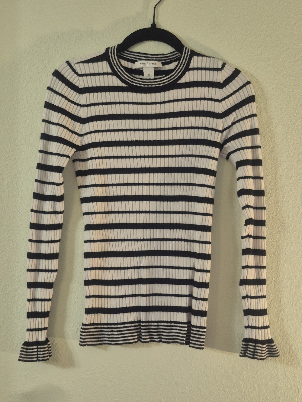 White House Black Market Black & White Striped Ribbed Long Sleeve Top